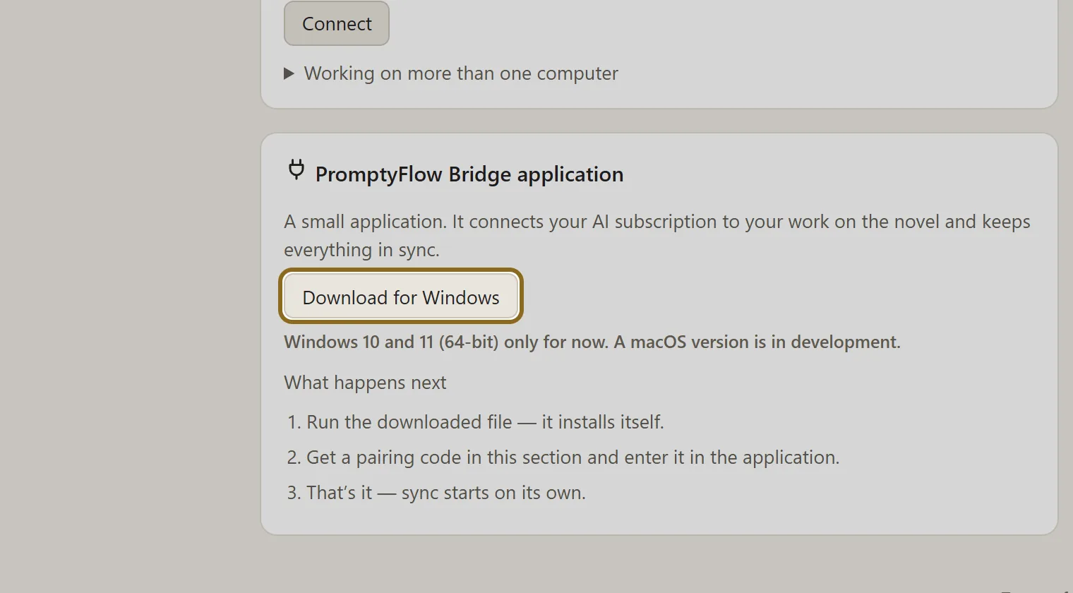 Screenshot for step 1: On the portal, in the “AuthorCat Bridge application” block, click “Download for Windows” and run the file you get — it installs itself.