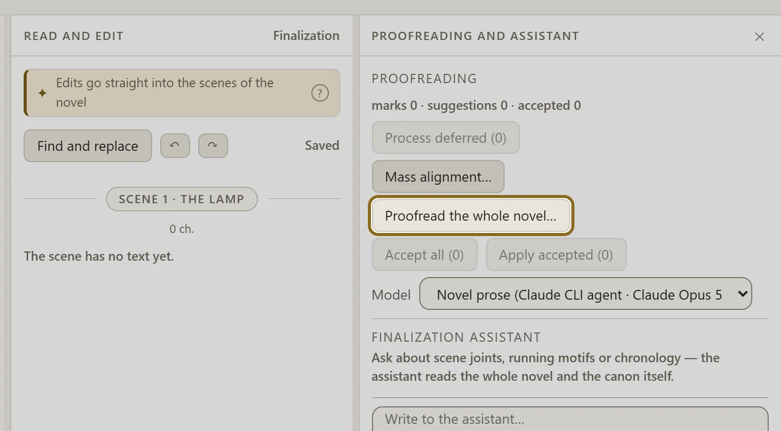 Screenshot for step 4: If you want the assistant to go through the whole novel itself, click “Proofread the whole novel…”, tick what to look at (style, repetitions, the…
