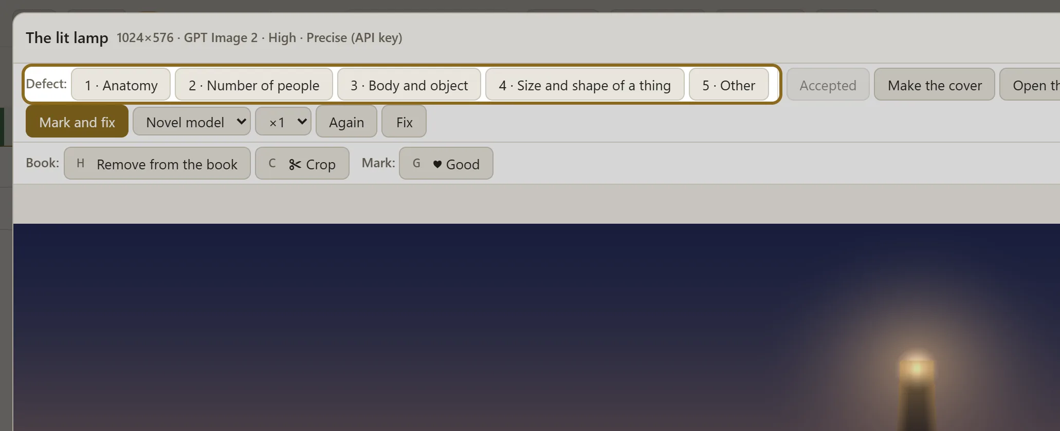 Screenshot for step 2: Spotted a defect — click its type in the “Defect:” row or press a key 1–5: Anatomy, Number of people, Body and object, Size and shape of a thing,…