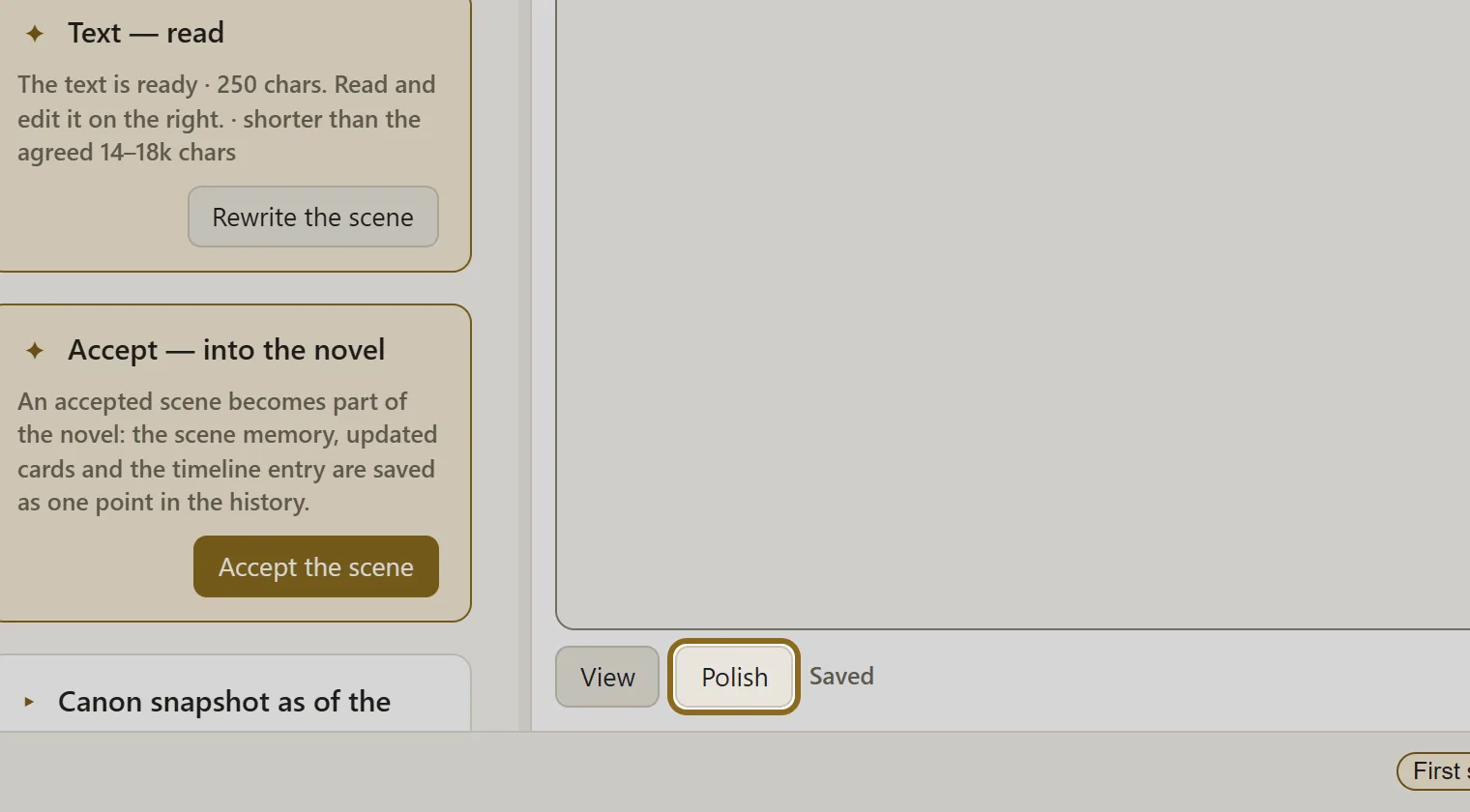 Screenshot for step 1: Open the scene and, in the “Read and edit” panel, click “Polish”.