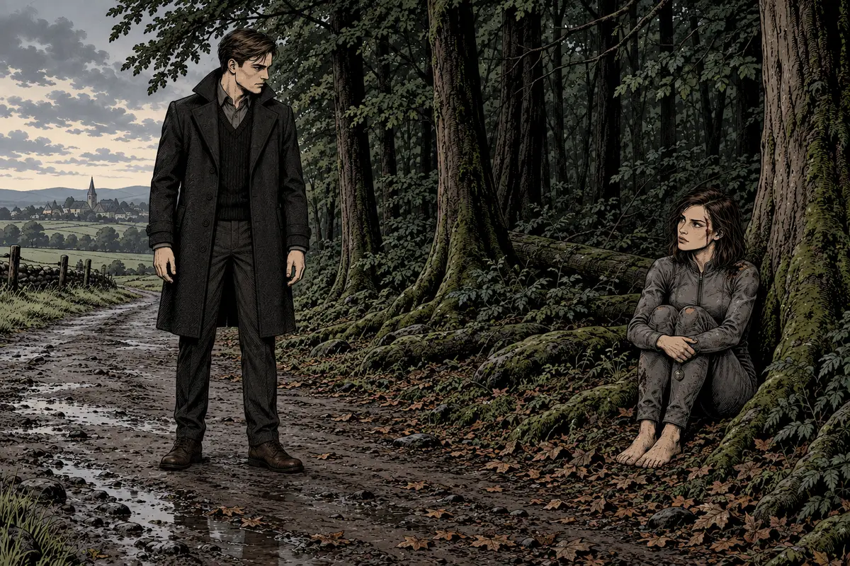 Scene 1, “The find at the forest edge” — an illustration drawn by AuthorCat from the text