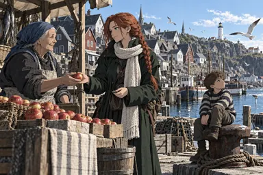 Anime · dark (style): a sunny morning on the quay: the heroine, a market woman and a boy