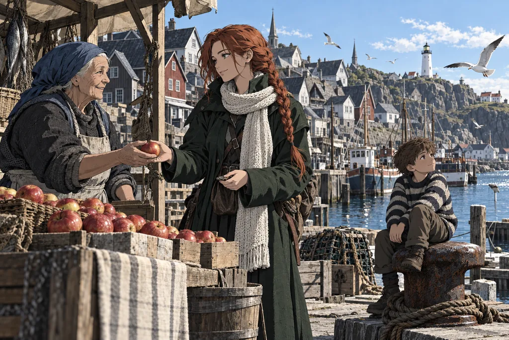 Anime · dark — a sunny morning on the quay: the heroine, a market woman and a boy