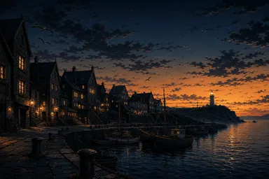 Anime · dark (style): an empty harbor town at dusk
