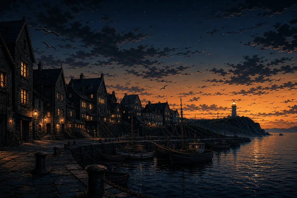 Anime · dark — an empty harbor town at dusk