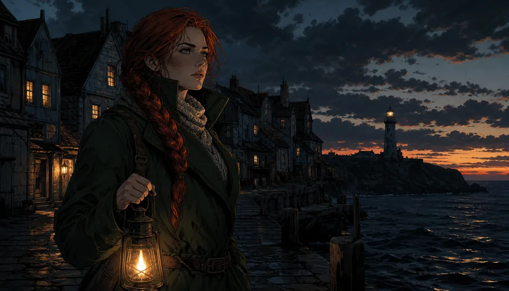 Anime · dark — the heroine with a lantern on the pier at dusk
