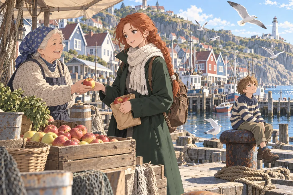 Anime · warm — a sunny morning on the quay: the heroine, a market woman and a boy