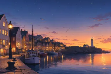 Anime · warm (style): an empty harbor town at dusk