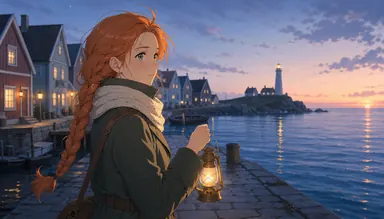 Anime · warm (style): the heroine with a lantern on the pier at dusk