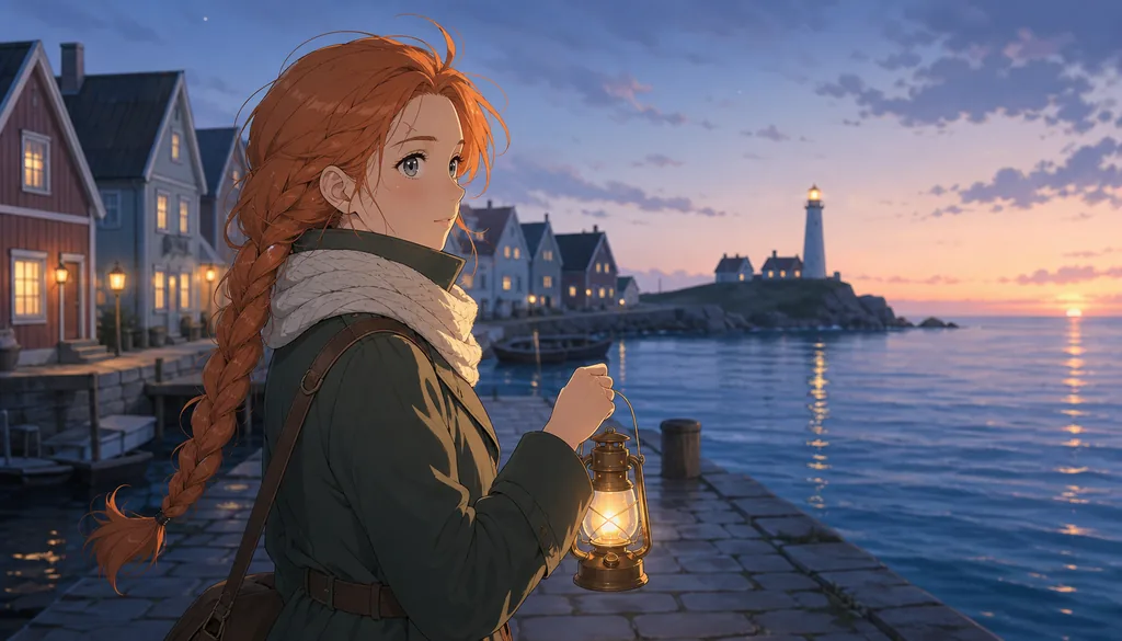 Anime · warm — the heroine with a lantern on the pier at dusk