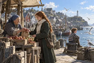 CG · concept art (style): a sunny morning on the quay: the heroine, a market woman and a boy