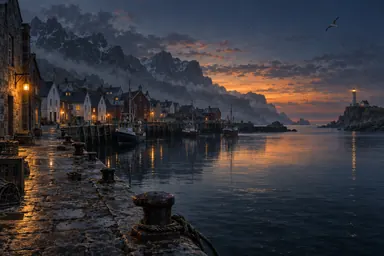 CG · concept art (style): an empty harbor town at dusk