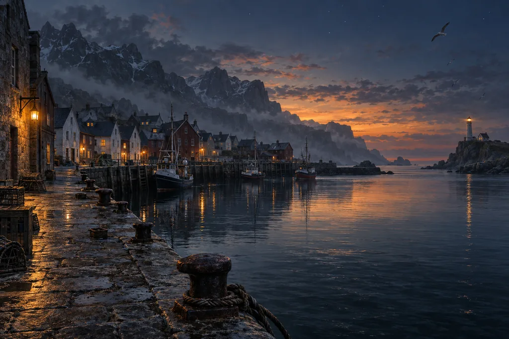 CG · concept art — an empty harbor town at dusk
