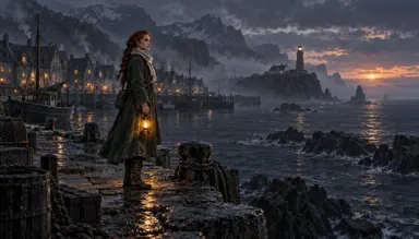 CG · concept art (style): the heroine with a lantern on the pier at dusk