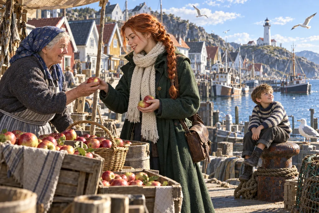 CG · key art — a sunny morning on the quay: the heroine, a market woman and a boy