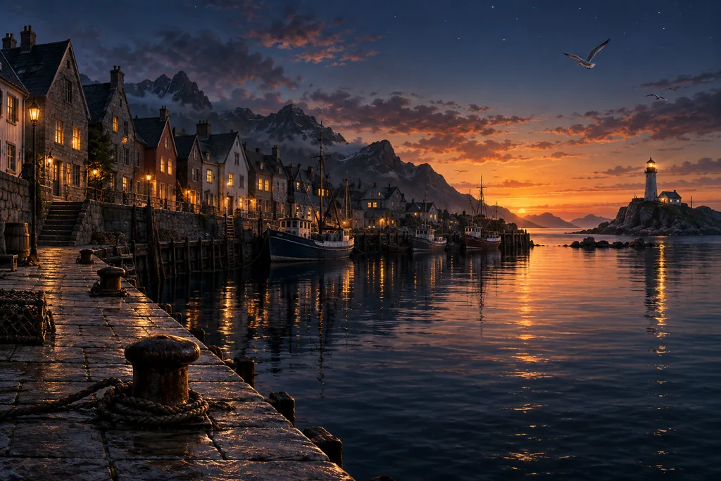 CG · key art — an empty harbor town at dusk