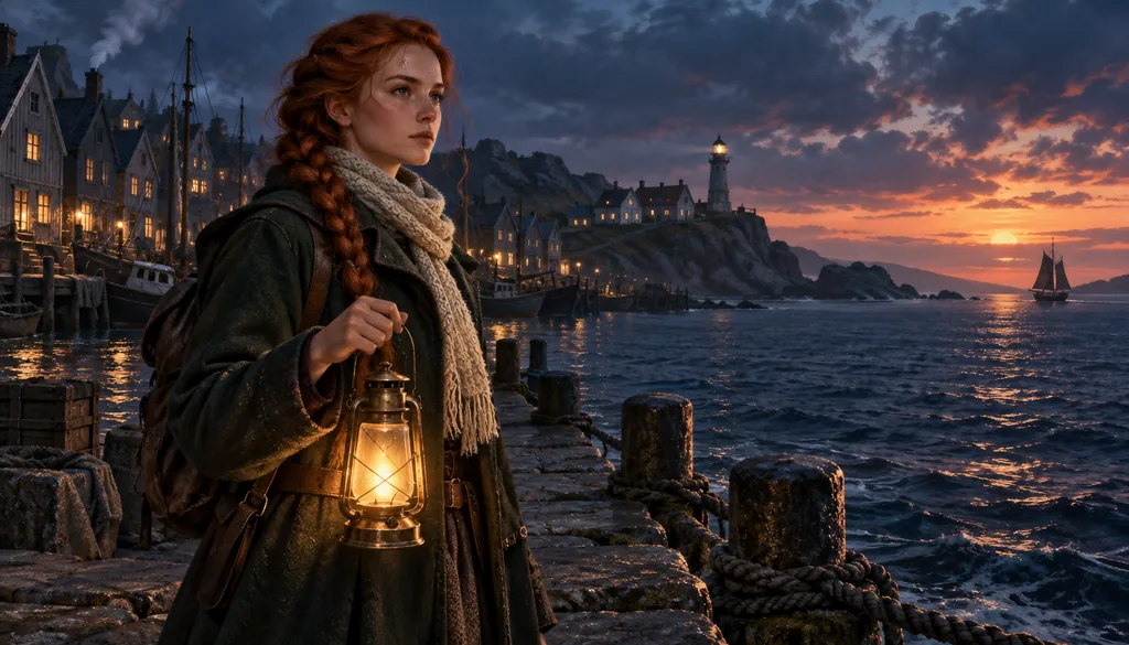 CG · key art — the heroine with a lantern on the pier at dusk