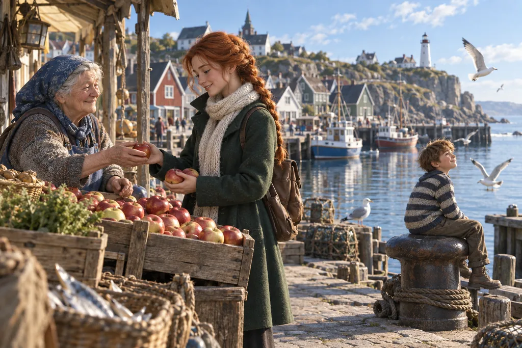 CG · 3D render — a sunny morning on the quay: the heroine, a market woman and a boy