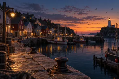 CG · 3D render (style): an empty harbor town at dusk
