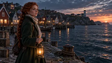CG · 3D render (style): the heroine with a lantern on the pier at dusk