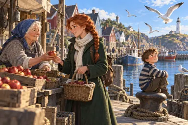 CG · stylized hand-painted (style): a sunny morning on the quay: the heroine, a market woman and a boy