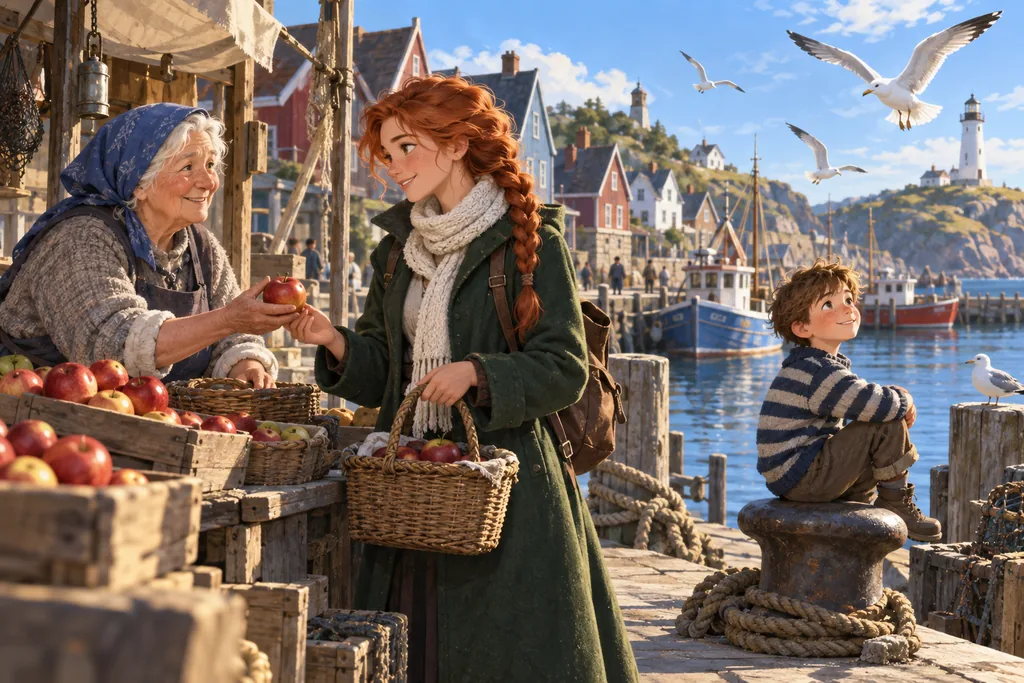 CG · stylized hand-painted — a sunny morning on the quay: the heroine, a market woman and a boy