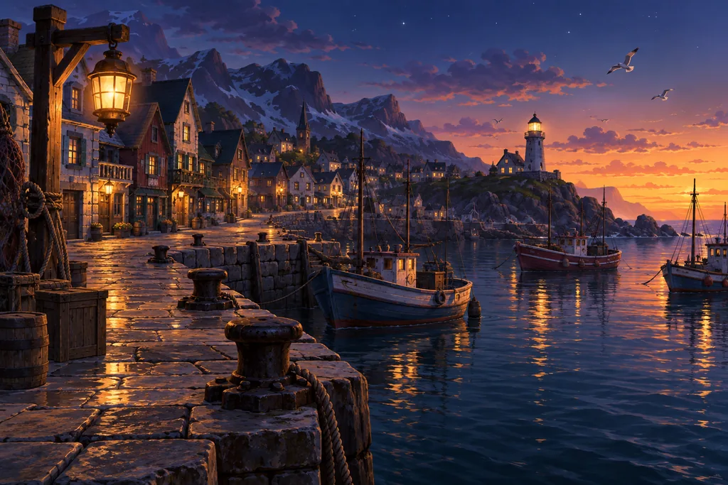 CG · stylized hand-painted — an empty harbor town at dusk