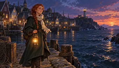 CG · stylized hand-painted (style): the heroine with a lantern on the pier at dusk