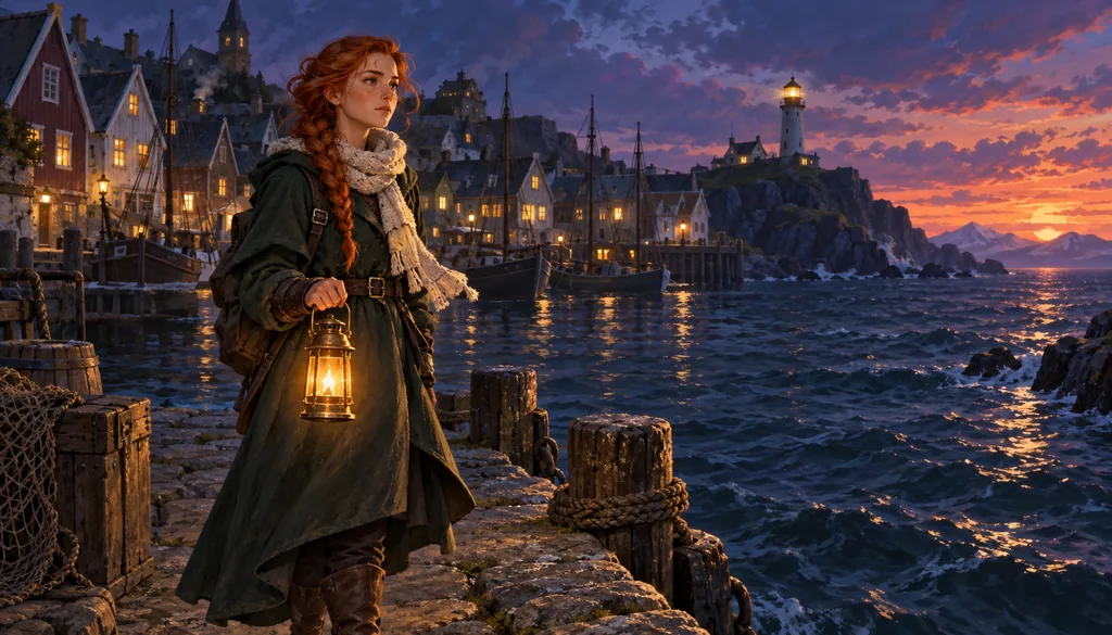 CG · stylized hand-painted — the heroine with a lantern on the pier at dusk