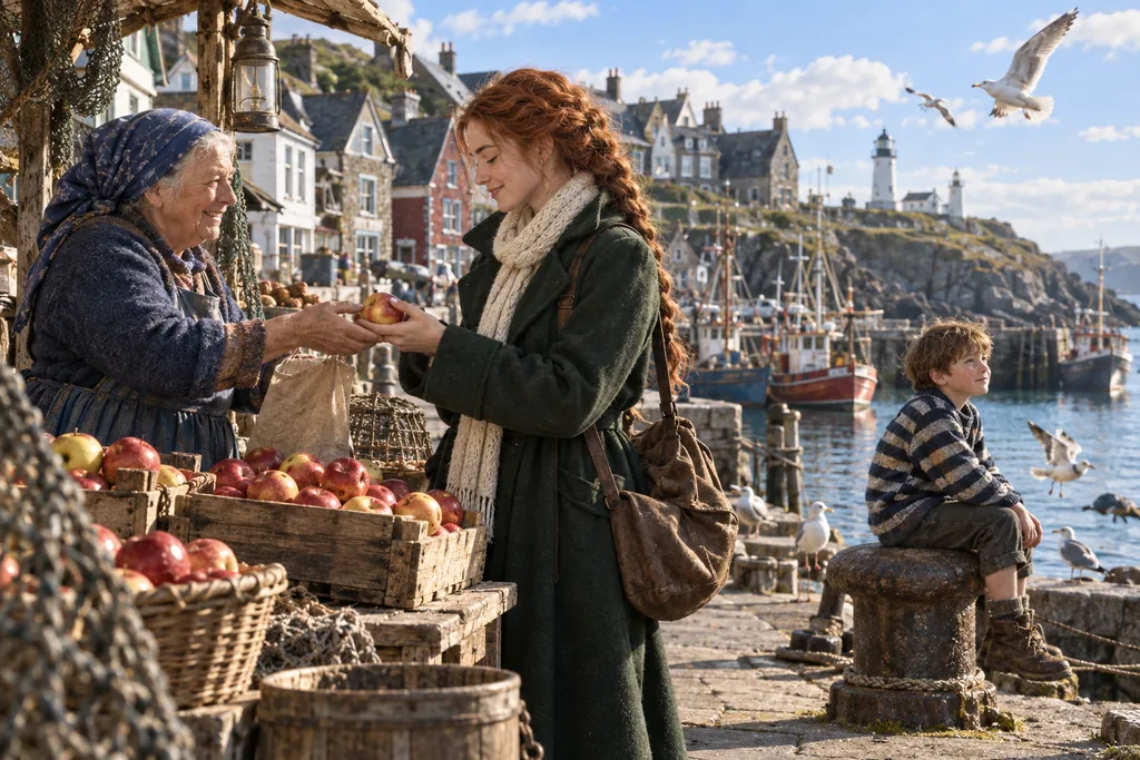 Cinematic realism — a sunny morning on the quay: the heroine, a market woman and a boy