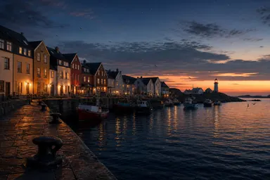Cinematic realism (style): an empty harbor town at dusk