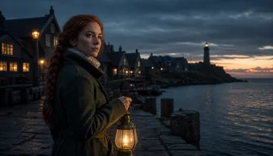 Cinematic realism (style): the heroine with a lantern on the pier at dusk