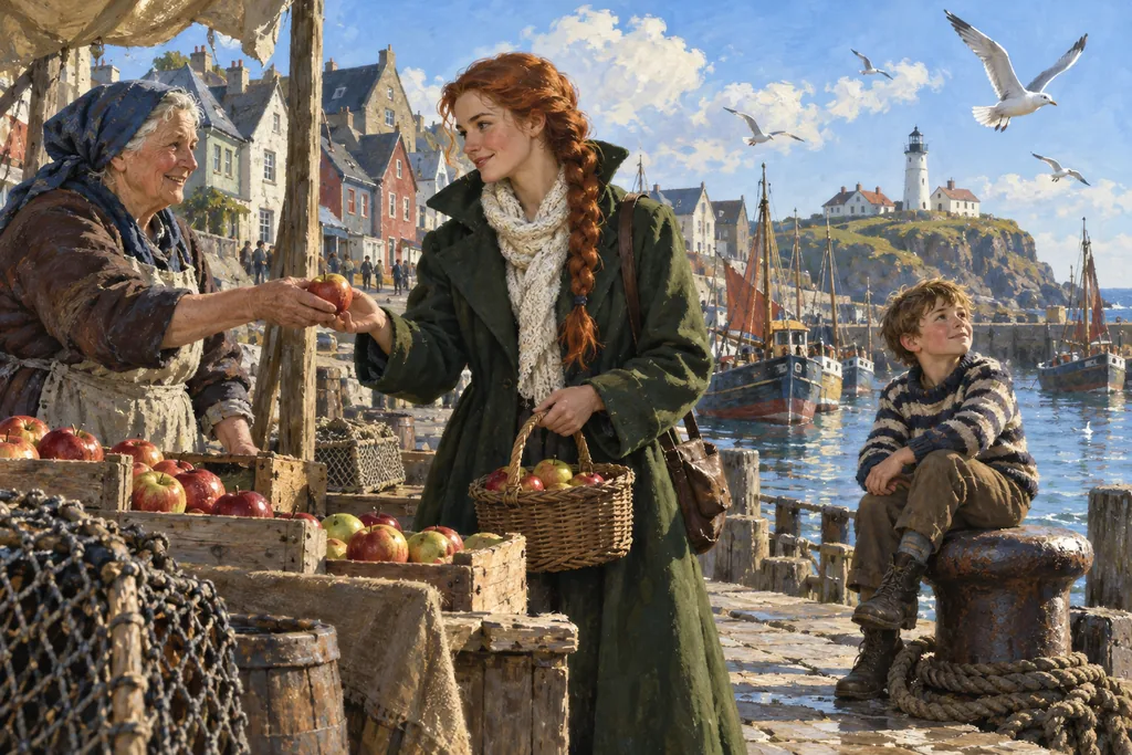 Classics · golden-age book art — a sunny morning on the quay: the heroine, a market woman and a boy