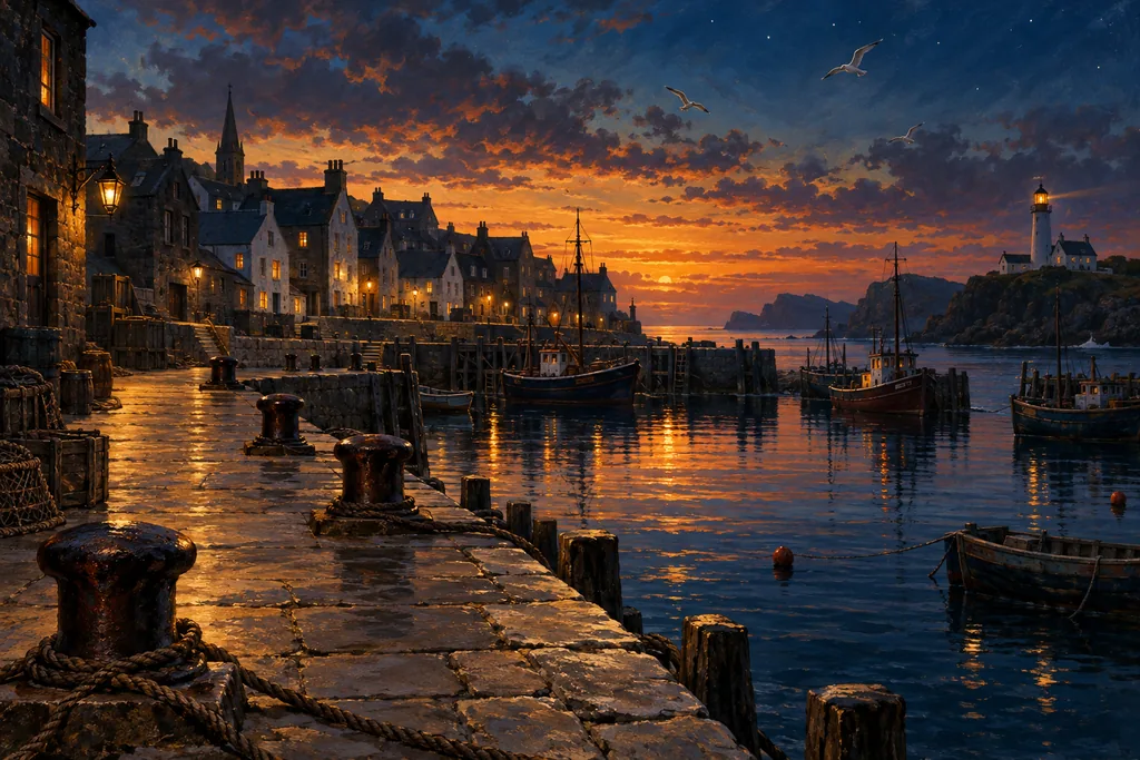 Classics · golden-age book art — an empty harbor town at dusk