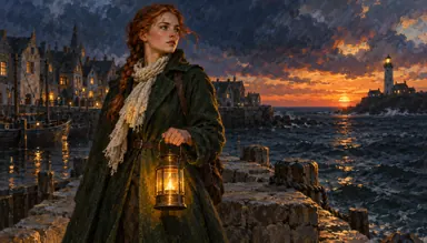 Classics · golden-age book art (style): the heroine with a lantern on the pier at dusk
