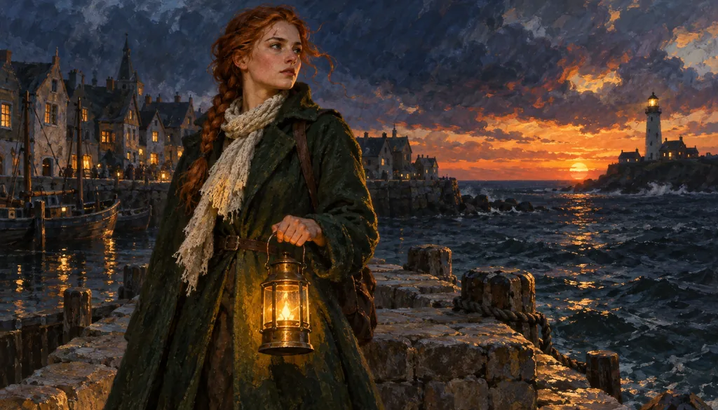 Classics · golden-age book art — the heroine with a lantern on the pier at dusk