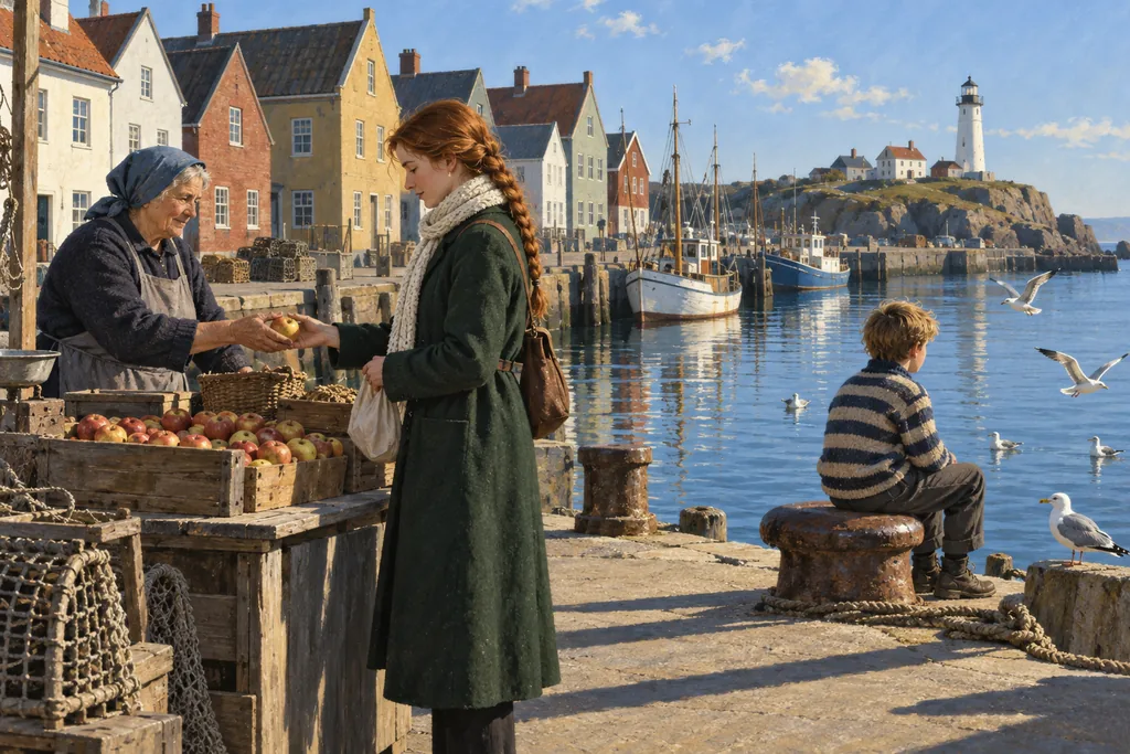 Classics · quiet realism — a sunny morning on the quay: the heroine, a market woman and a boy