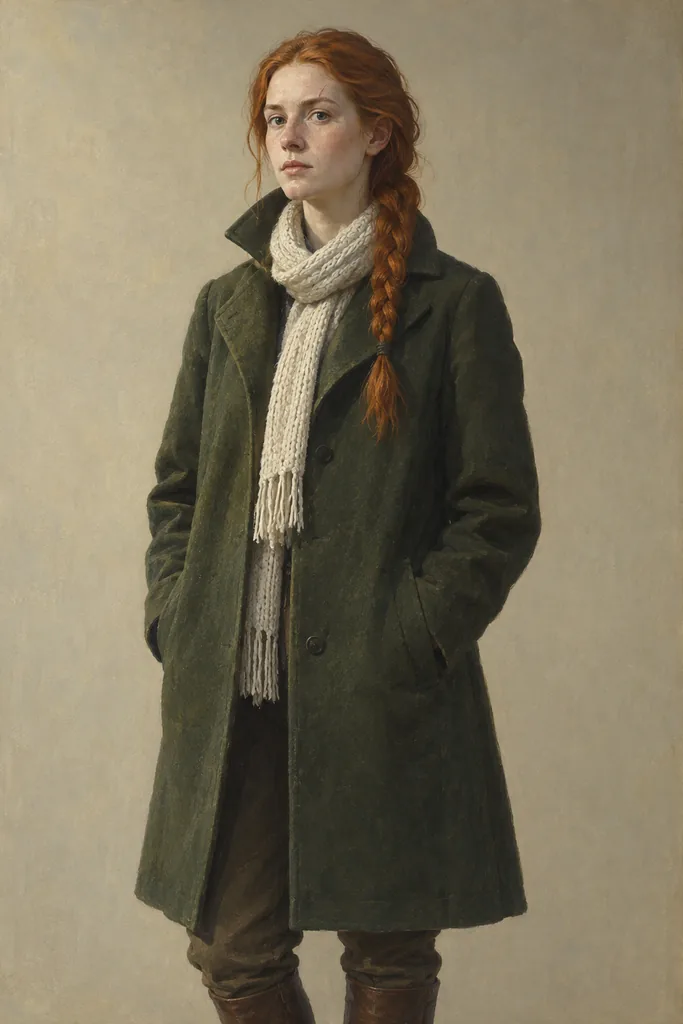 Classics · quiet realism — the heroine in full length on a neutral backdrop