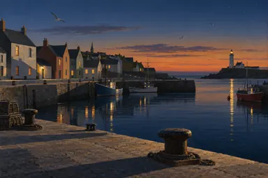 Classics · quiet realism (style): an empty harbor town at dusk