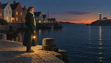 Classics · quiet realism (style): the heroine with a lantern on the pier at dusk