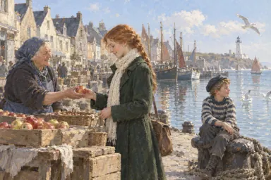 Classics · salon morning (style): a sunny morning on the quay: the heroine, a market woman and a boy