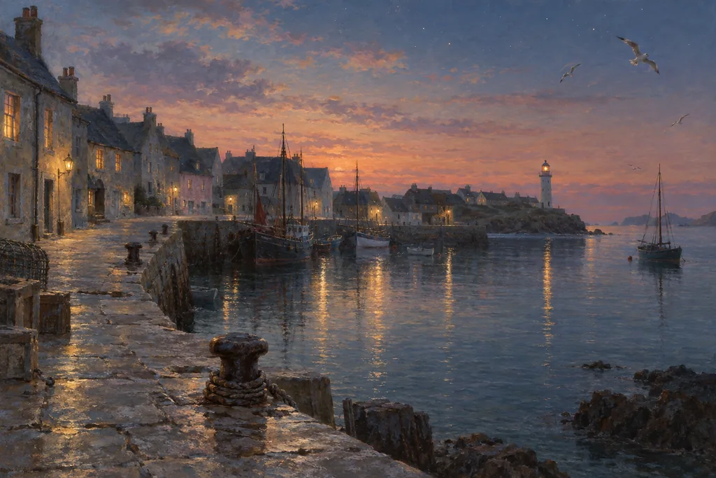 Classics · salon morning — an empty harbor town at dusk