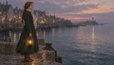 Classics · salon morning (style): the heroine with a lantern on the pier at dusk