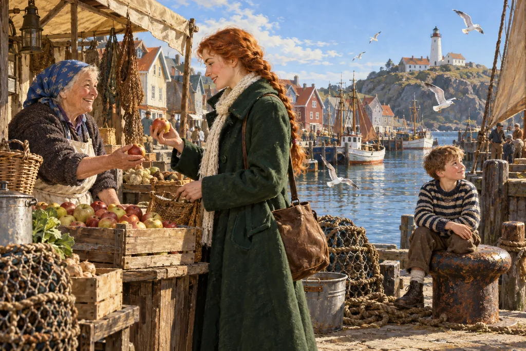 Classics · narrative scene — a sunny morning on the quay: the heroine, a market woman and a boy