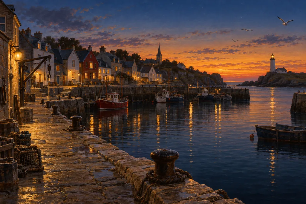 Classics · narrative scene — an empty harbor town at dusk
