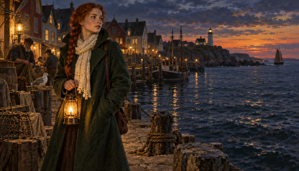 Classics · narrative scene — the heroine with a lantern on the pier at dusk