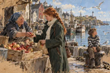 Classics · illustrator’s oil study (style): a sunny morning on the quay: the heroine, a market woman and a boy