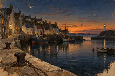 Classics · illustrator’s oil study (style): an empty harbor town at dusk