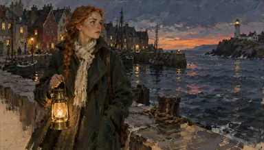 Classics · illustrator’s oil study (style): the heroine with a lantern on the pier at dusk