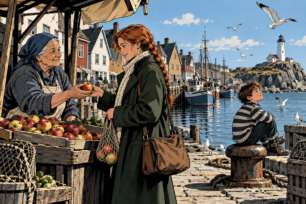 Graphic novel — a sunny morning on the quay: the heroine, a market woman and a boy